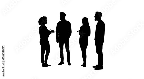 Four professionals engaged in a collaborative discussion with digital devices isolated on transparent background, Vector