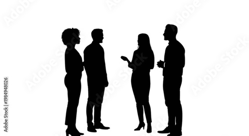 Four silhouetted professionals engaged in a conversation during a meeting isolated on transparent background, Vector