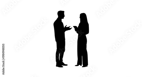 Two silhouettes engaged in a professional handshake and discussion isolated on transparent background, Vector