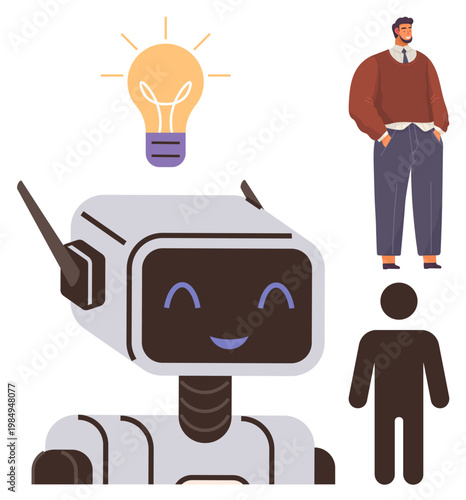 Artificial intelligence, teamwork, innovation, robotics, creative thinking, human-robot interaction. A smiling robot with a lightbulb icon and human figures. AI innovation and teamwork concept