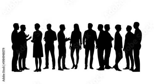 Group of diverse silhouetted people standing together in a line isolated on transparent background, Vector
