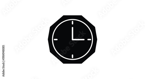 A black octagonal clock face displaying ten o clock a striking silhouette