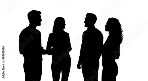 Four silhouettes engaged in a conversation standing closely together isolated on transparent background, Vector
