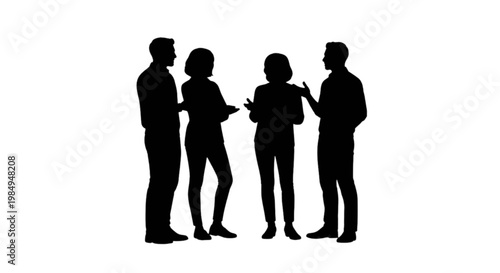Four silhouetted professionals engaged in a discussion with devices isolated on transparent background, Vector