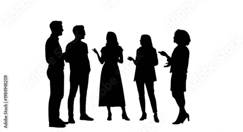 Group of four silhouettes engaged in conversation outdoors isolated on transparent background, Vector