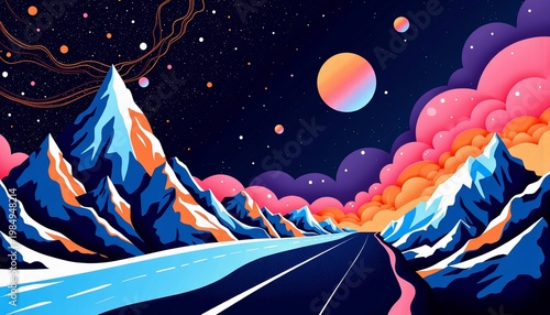 Vibrant Cosmic Mountain Landscape with Dreamlike Planets, Colorful Clouds, and a Distant Horizon in a Nocturnal Fantasy World