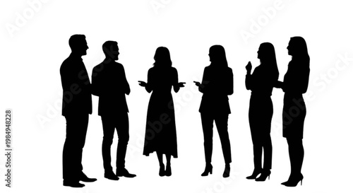 Group of six silhouetted people engaged in a casual conversation isolated on transparent background, Vector