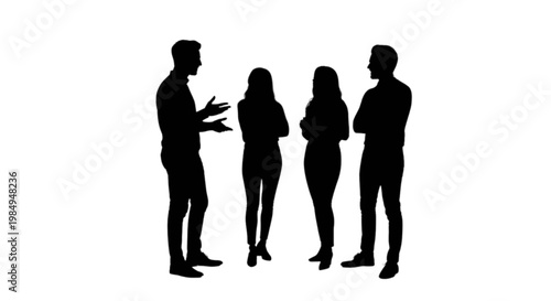 Four silhouettes engaged in a group conversation with gestures isolated on transparent background, Vector