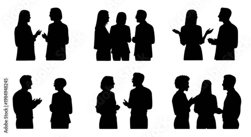 Group of silhouetted people engaging in various social activities together isolated on transparent background, Vector