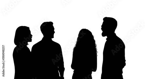 Four silhouettes engaged in a group conversation isolated on transparent background, Vector