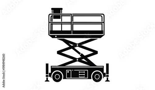 A stark black silhouette depicts a mobile elevating work platform commonly known as a scissor lift in profile silhouette high quality professional detailed modern