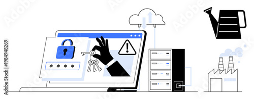Data security, online threats, password management, cloud storage, network safety, digital privacy. Laptop with a password field, key access and lock icon. Data security and online threats explored