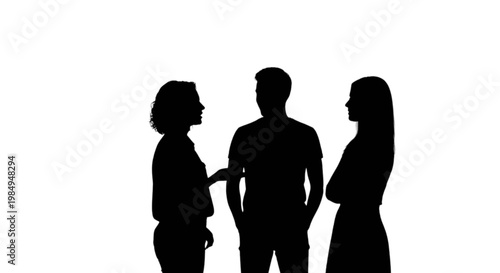 Three silhouettes engaged in a conversation with arms crossed and open gestures isolated on transparent background, Vector