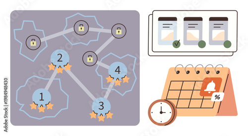 Cybersecurity, project management, data security, planning, gamification, task scheduling. Network with lock icons, task deadlines calendar and stars. Cybersecurity and project management concept