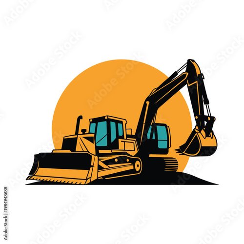 Backhoe loader working under a sunset sky backdrop