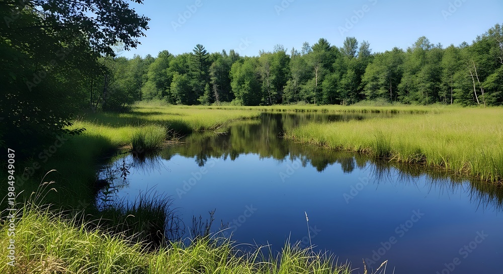 Obraz premium Tranquil marsh with calm water reflecting a vibrant green forest under a bright blue sky
