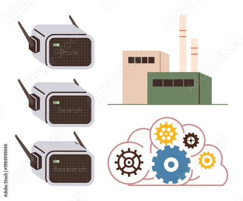 AI innovation, smart factories, industrial automation, cloud computing, robotics, teamwork. Three AI robots, factory building gears in a cloud. AI innovation and industrial automation theme