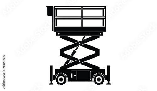 A stark black silhouette depicts a mobile aerial work platform commonly used for construction and maintenance silhouette high quality professional detailed modern elegant stylish