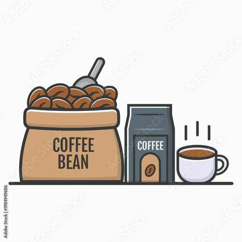 coffee bean sack and coffee bean pack with cup of coffee cartoon vector illustration isolated on white background 