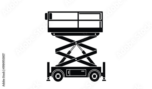 A stark black and white depiction of a scissor lift machine showcasing its mechanical structure and design silhouette high quality professional detailed modern elegant