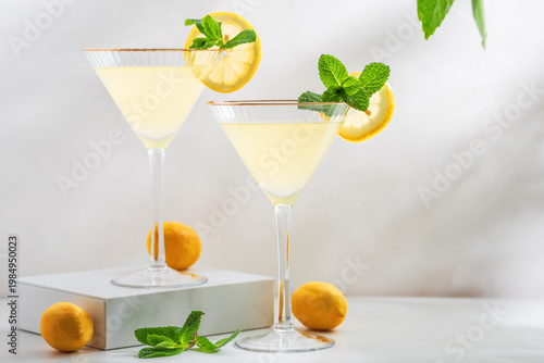 Bright and refreshing cocktail with two glasses of limoncello spritz, garnished with fresh lemon slices and mint sprigs on a white surface, with green foliage in the background