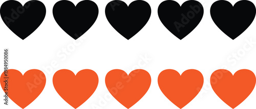 Two rows of five hearts each, one in black outline and one in orange fill Vector