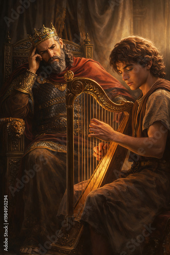 Biblical scene: young David playing a golden harp before King Saul, soothing his soul with music