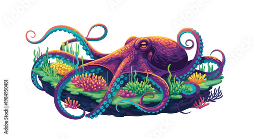 Colorful cartoon octopus with large eyes and extended tentacles on a white background, playful marine creature