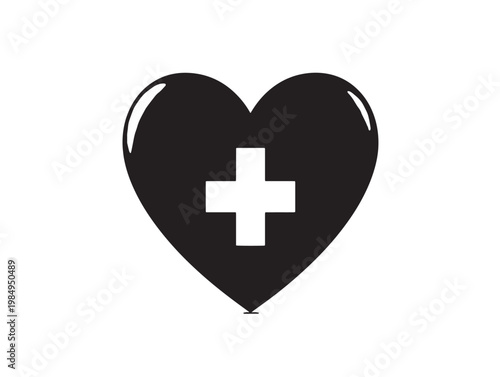 A sleek black heart symbol with a prominent white cross emblem in the center Vector