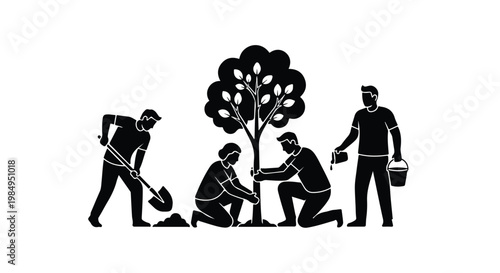 Group of people planting a tree in a park with a child and adults engaging in environmental conservation activity