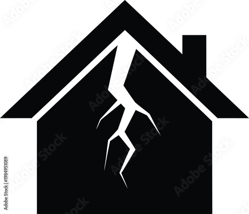 A cracked house symbolizing structural damage or instability. Vector
