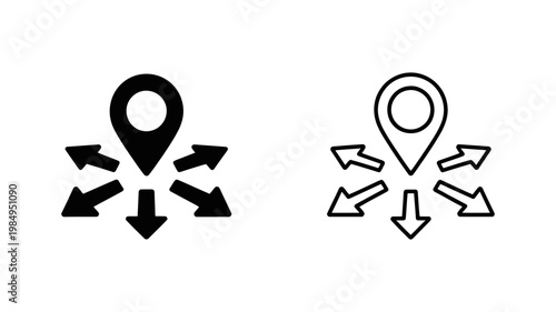 A central location pin icon has arrows pointing downwards and diagonally outwards from its base.