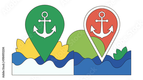 Colorful map pins with anchor symbols are placed on stylized ocean waves and land, indicating nautical locations.
