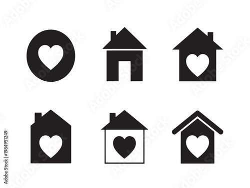 Variations of house icons with heart symbols integrated into designs Vector