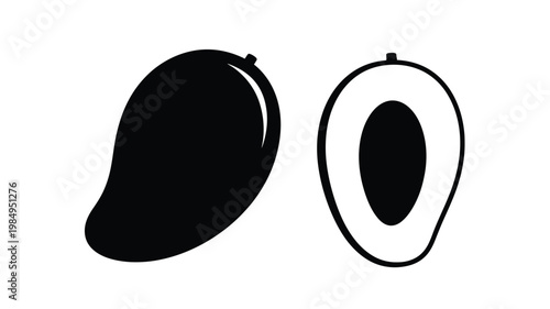 Black mango fruit and cross section depiction in bold silhouette