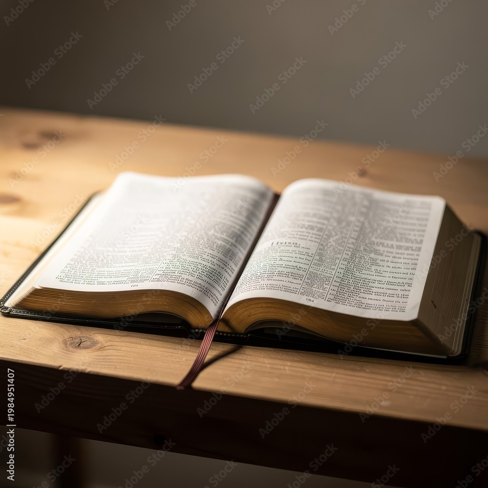 Fototapeta premium Open Bible in Warm Soft Light on Wooden Table