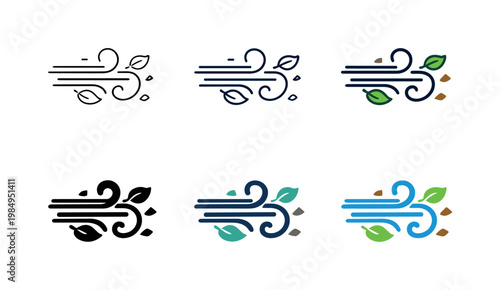 Wind blowing leaves and dust icons in different styles and colors