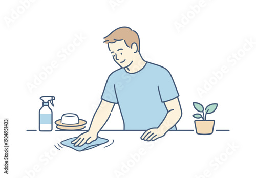 Man calmly wiping kitchen counter to keep space tidy, friendly proportions and steady posture highlighting simplicity and care,