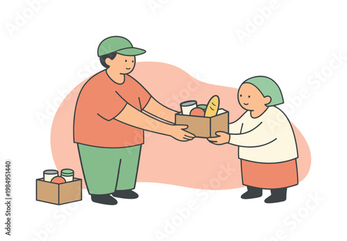 Gentle moment shows a volunteer handing out food parcels as balance returns and care is shared scene of volunteer handing out