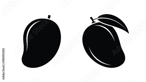 Two ripe mangoes are depicted in a stark black silhouette