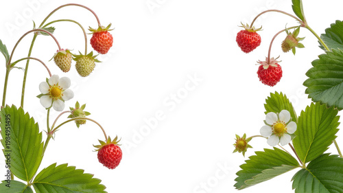 Wild strawberry branches with ripe berries, flowers and leaves isolated on transparent background