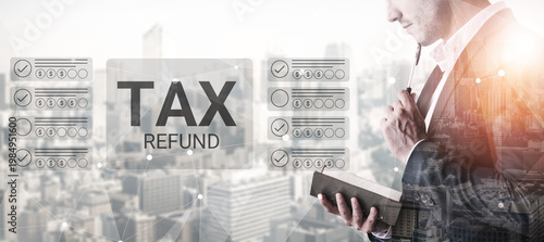 Canvastavla A focused businessman contemplates tax refund strategies on a skyline background, symbolizing financial planning and effective budget management for the tax season