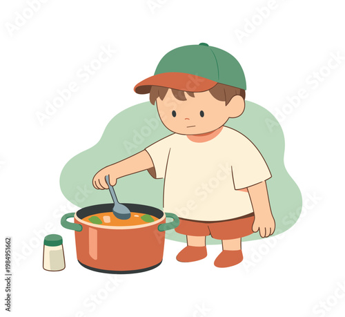 Bright kitchen scene shows a child finishing stirring soup carefully, lowering the spoon as the pot looks ready  scene of child