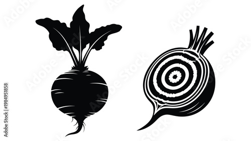 Two beets displayed as detailed black shapes a striking silhouette