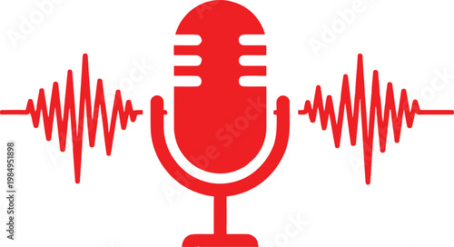 Red microphone icon with sound waves representing audio recording or podcasting Vector