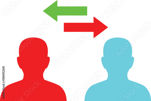 Two individuals exchanging bidirectional communication signals with arrows Vector