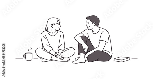 Couple enjoying slow conversation during quiet time, minimal props and open space highlighting presence and attention, minimalist