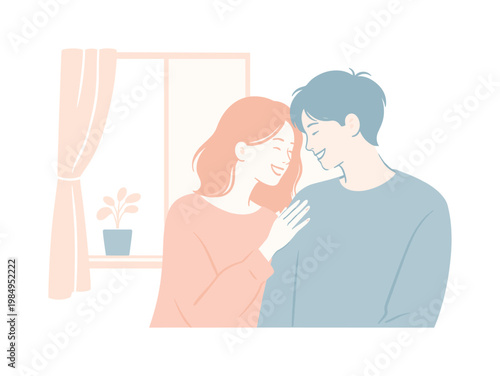 Two people sharing quiet laughter together near window, relaxed silhouettes and calm mood emphasizing intimacy and joy,