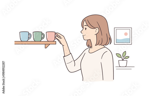 Choosing Coffee Mug. Woman selecting favorite coffee mug during quiet routine, gentle hand movement reaching toward shelf and calm