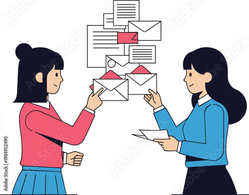 Women exchanging messages and documents, communication concept illustration with emails and letters, business interaction and teamwork in modern flat vector style